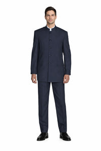 Mens 5 Button Mandarin Collar Suit in Navy Pinstripe