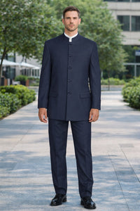 Mens 5 Button Mandarin Collar Suit in Navy Pinstripe