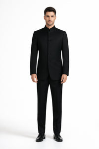 Mens 5 Button Mandarin Collar Tuxedo Suit in Black