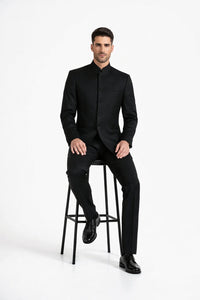 Mens 5 Button Mandarin Collar Tuxedo Suit in Black