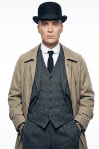 Mens Beige Vintage Style Trenchcoat Overcoat + Suit + Hat – Classic Long Trench Coat Inspired by Peaky Blinders Formal 1920s Package
