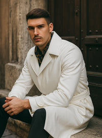 Men's Belted Wool Topcoat – White Alberto Belt Overcoat for Winter Style