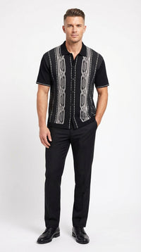 Mens Black and Gray Pattern Walking Suit Set – Short Sleeve Knit Shirt and Pants Casual Outfit for Summer, Travel and Everyday Wear