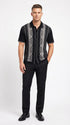 Mens Black and Gray Pattern Walking Suit Set – Short Sleeve Knit Shirt and Pants Casual Outfit for Summer, Travel and Everyday Wear