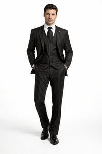 Men's Black And White Gangster Bold PinStripe Mars Vested 3 Piece Fashion Suit