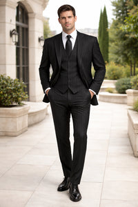 Men's Black And White Gangster Bold PinStripe Mars Vested 3 Piece Fashion Suit