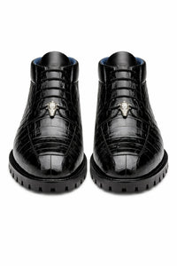 Belvedere Gallardo Men's Shoes Black Exotic Caiman Crocodile Derby Split-toe Boots