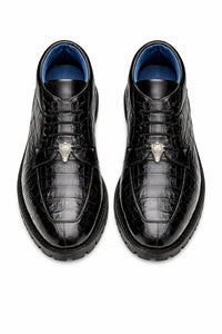 Belvedere Gallardo Men's Shoes Black Exotic Caiman Crocodile Derby Split-toe Boots