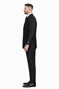 Men’s Black Double Breasted Wool Suit with Metal Buckle Closure