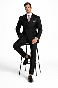 Mens Black Double Breasted Suit - Mens Classic Double Breasted Luxury Wool Feel Suit in Black