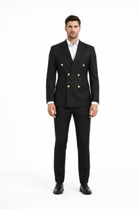 Mens Black Double Breasted Suit - Men's Slim Fit Double Breasted Wedding Suit with Gold Buttons in Black