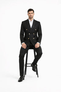 Mens Black Double Breasted Suit - Men's Slim Fit Double Breasted Wedding Suit with Gold Buttons in Black