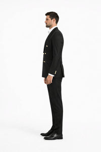 Mens Black Double Breasted Suit - Men's Slim Fit Double Breasted Wedding Suit with Gold Buttons in Black
