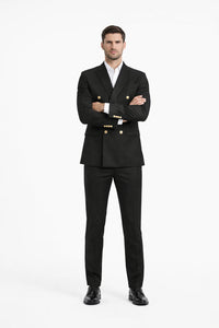 Mens Black Double Breasted Suit - Men's Slim Fit Double Breasted Wedding Suit with Gold Buttons in Black