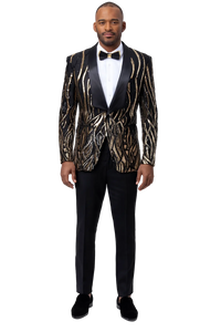 Black Tuxedo - Shawl Lapel Black and Gold Sequin Prom Tuxedo Mens Wedding Suit - Black Prom Suit