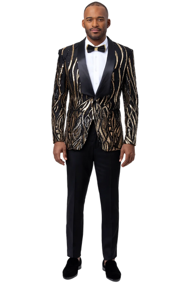 Black Tuxedo - Shawl Lapel Black and Gold Sequin Prom Tuxedo Mens Wedd   OvercoatUSA