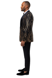 Black Tuxedo - Shawl Lapel Black and Gold Sequin Prom Tuxedo Mens Wedding Suit - Black Prom Suit
