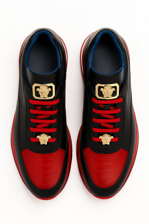 Belvedere  Flash Men's Shoes Black & Red Exotic Ostrich / Calf-skin Leather Casual Sneakers