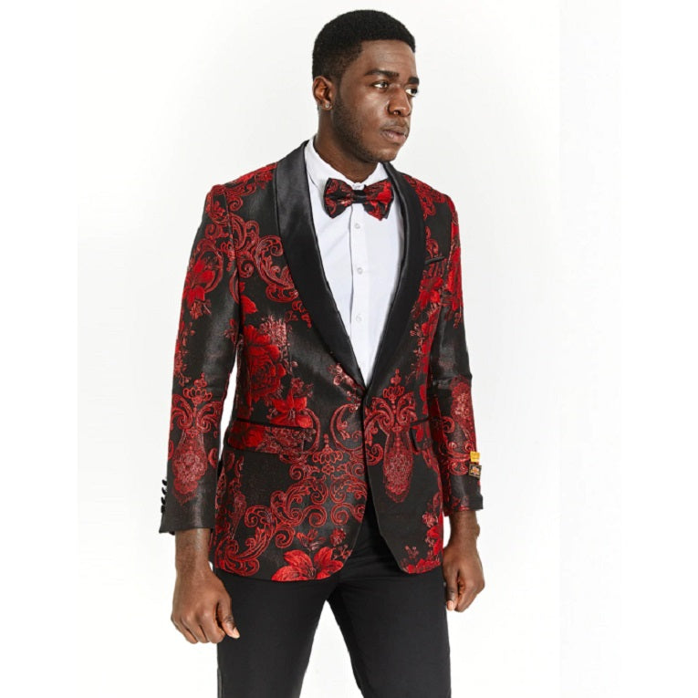 Mens Black & Red Paisley Floral Prom Tuxedo Dinner Jacket-Overcoatusa ...