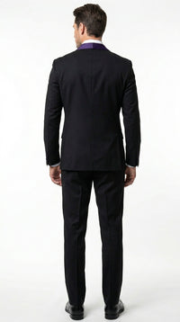 Mens Black Suit with Purple Lapel – Elegant Formal Tuxedo Style Suit for Wedding, Prom, Party and Evening Wear