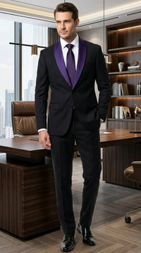 Mens Black Suit with Purple Lapel – Elegant Formal Tuxedo Style Suit for Wedding, Prom, Party and Evening Wear
