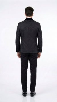 Men’s Black With Velvet collar 3 Piece Tuxedo Suit – Floral Jacquard Dinner Jacket with  Vest and Bowtie