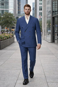 Mens Blue Wool Tiglio Double Breasted Suit – Classic Peak Lapel Suit