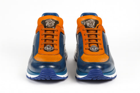 Belvedere  Flash Men's Shoes Blue Safari & Almond Exotic Ostrich / Calf-skin Leather Casual Sneakers