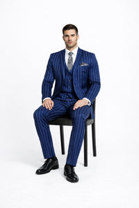 Men's Bold Gangster 1920s Vintage Navy Blue ~ White Gangster Bold Stripe 2 Button Vested Dress Suits For Men