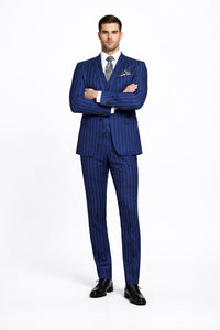Men's Bold Gangster 1920s Vintage Navy Blue ~ White Gangster Bold Stripe 2 Button Vested Dress Suits For Men