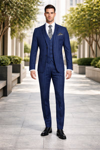 Men's Bold Gangster 1920s Vintage Navy Blue ~ White Gangster Bold Stripe 2 Button Vested Dress Suits For Men
