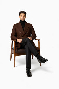 Mens Brown Fabric Double Breasted Overcoat