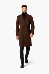 Mens Brown Fabric Double Breasted Overcoat