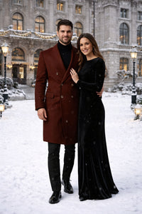 Mens Brown Fabric Double Breasted Overcoat