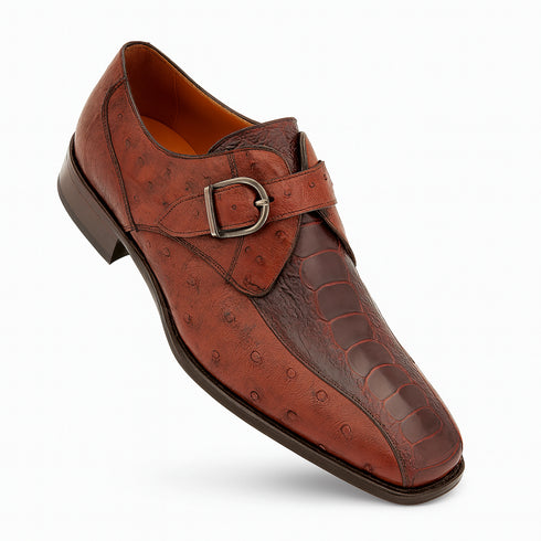 Mezlan Men's Genuine Full Quill Ostrich Leg Monk Brown  Strap Shoes