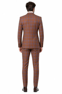 Men’s Brown Plaid Double-Breasted Suit – Premium 2-Piece Classic Checkered Windowpane Suit by Rossiman