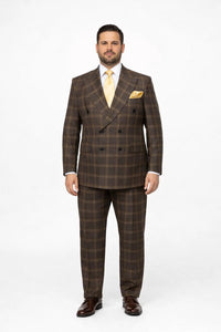 Men's Brown Plaid Double-Breasted Wool Suits – Classic Windowpane Two-Piece Formal Suits By Rossiman