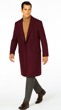 Men's Burgundy Double Breasted Overcoat - Maroon Peacoat - Three Quarter Wool And Cashmere Coat