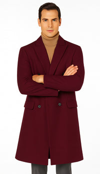 Men's Burgundy Double Breasted Overcoat - Maroon Peacoat - Three Quarter Wool And Cashmere Coat