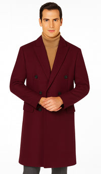 Men's Burgundy Double Breasted Overcoat - Maroon Peacoat - Three Quarter Wool And Cashmere Coat