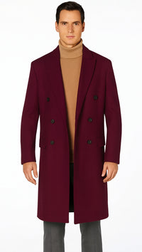 Men's Burgundy Double Breasted Overcoat - Maroon Peacoat - Three Quarter Wool And Cashmere Coat