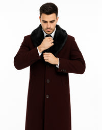 Mens Burgundy Fur Collar Full Length Wool Top Coat