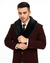 Mens Burgundy Fur Collar Full Length Wool Top Coat
