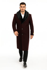 Mens Burgundy Fur Collar Full Length Wool Top Coat