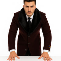 Mens Burgundy Fur Collar Full Length Wool Top Coat