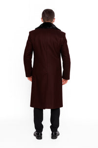 Mens Burgundy Fur Collar Full Length Wool Top Coat