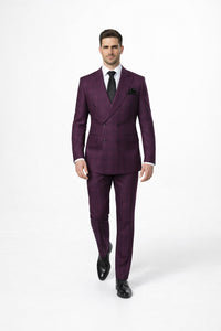 Men's Burgundy Plaid Double-Breasted Suit – Classic Windowpane Formal Two-Piece Suit By Rossiman