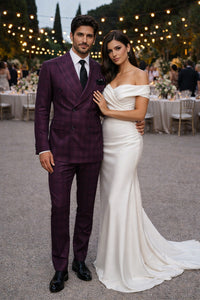 Men's Burgundy Plaid Double-Breasted Suit – Classic Windowpane Formal Two-Piece Suit By Rossiman