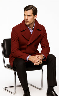 Men's Burgundy Six Button Double Breasted Priced Mens Wool Peacoat Jacket