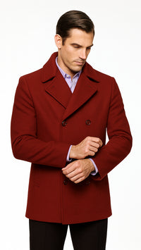 Men's Burgundy Six Button Double Breasted Priced Mens Wool Peacoat Jacket